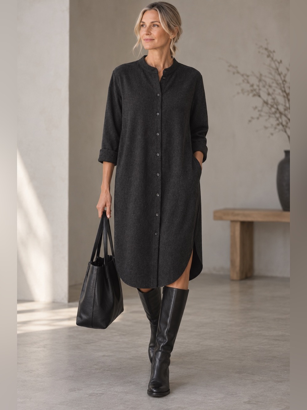 Eileen Fisher Charcoal Gray 100% Wool Flannel Shirt Dress M Minimalist Midi